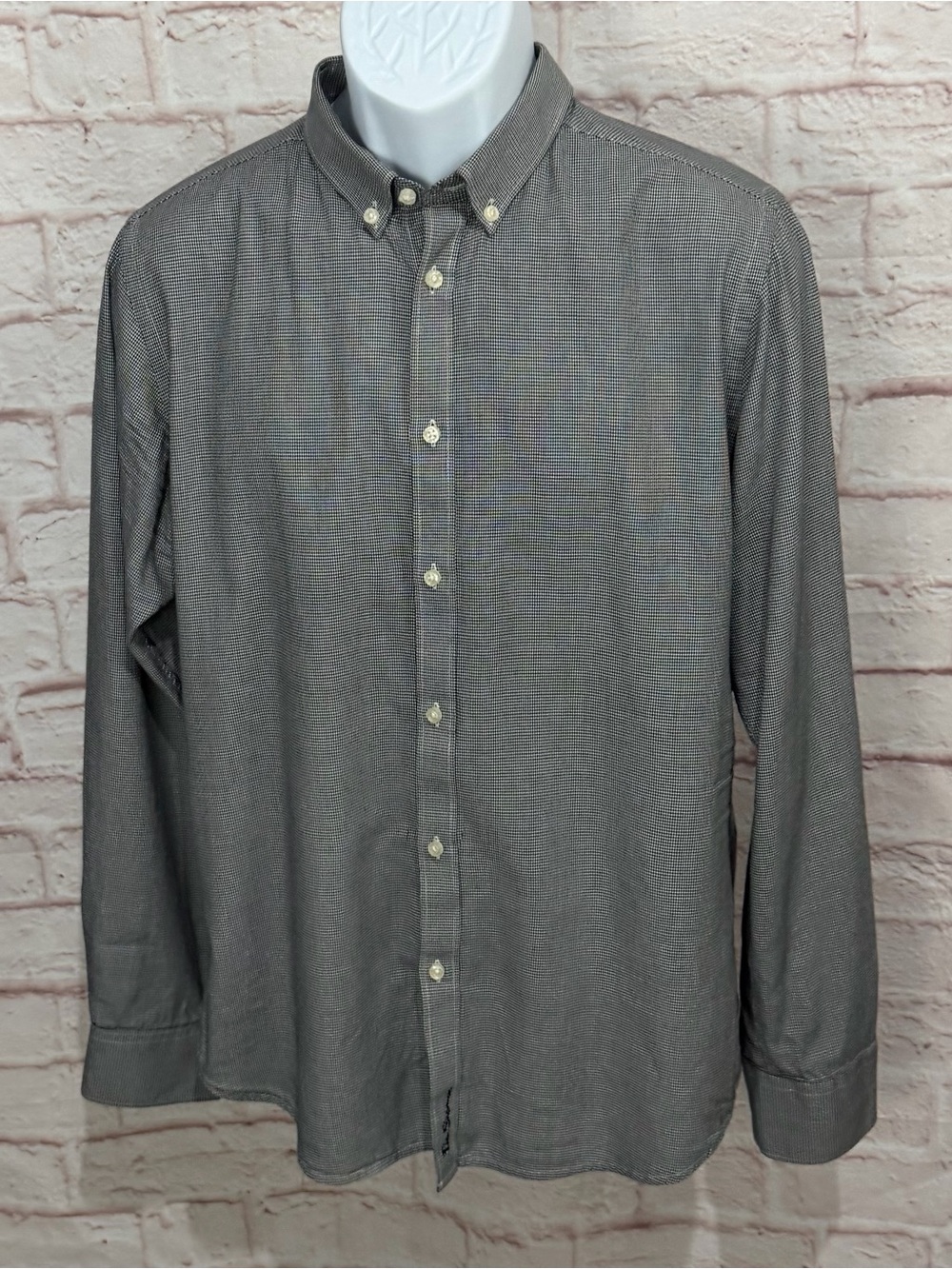 Ben Sherman Shirt Mens L Black White Micro Houndstooth Button Down Long Sleeve